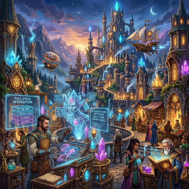 Fantasy city with glowing crystals, flying ships, and people working with potions and machinery