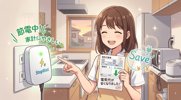 Woman in kitchen pointing to StopWatt energy-saving device with reduced electric bill
